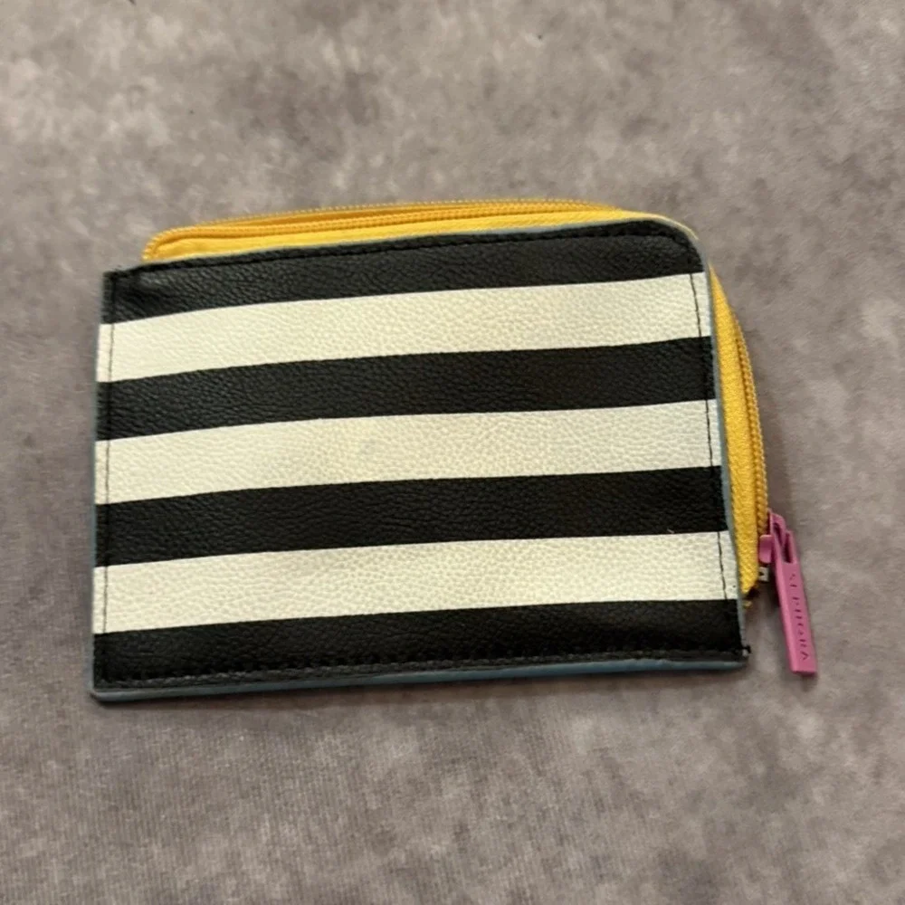 Black & White Striped Zipper Makeup Bag Case with Yellow Trim